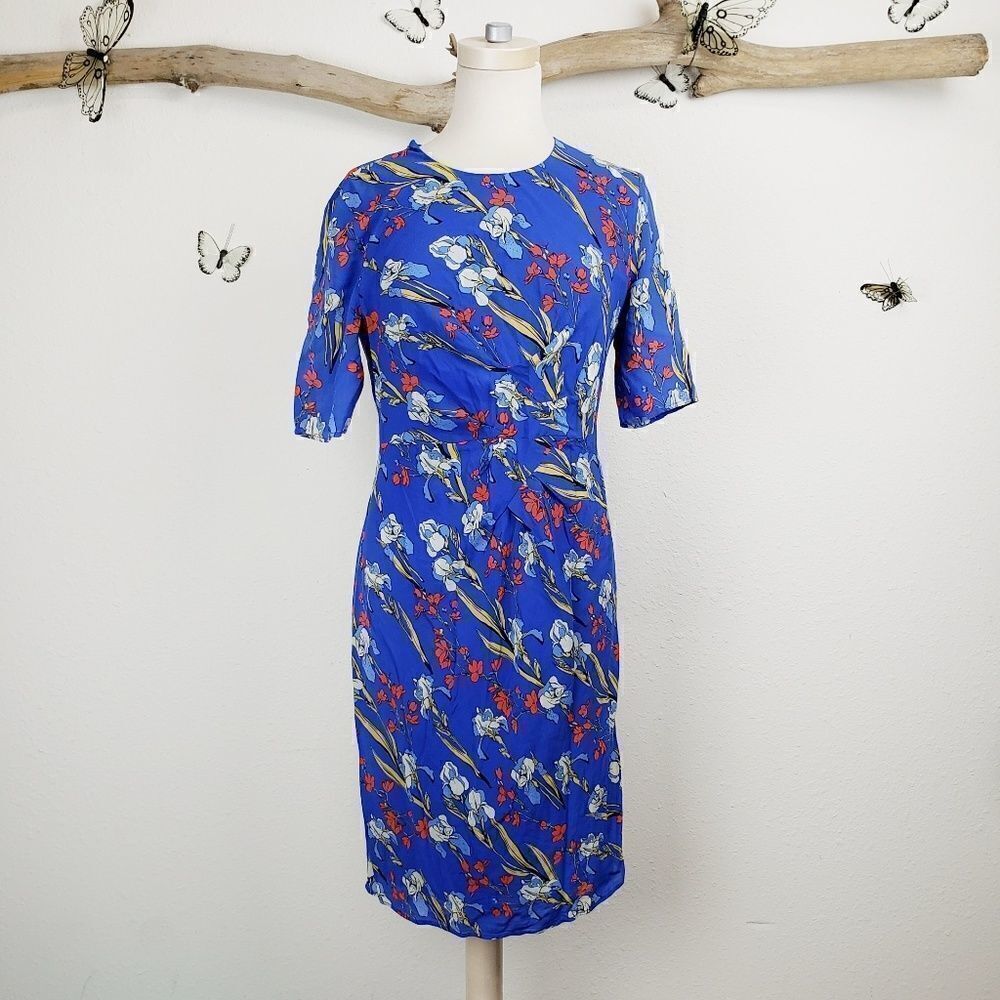 Whistles blue retro style floral dress exposed zip